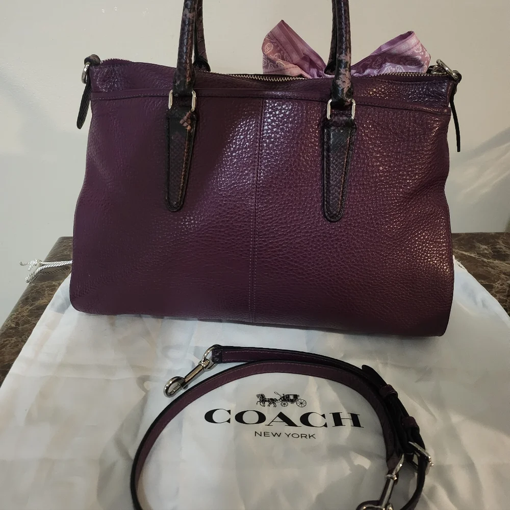 Coach Plum Pebbled Leather 2way Satchel W Scarf EUC - Picture 11 of 16